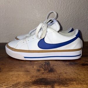 Nike Women’s 6.5 Court Legacy Next Nature Leather White Blue Tan Lace Up Sneaker